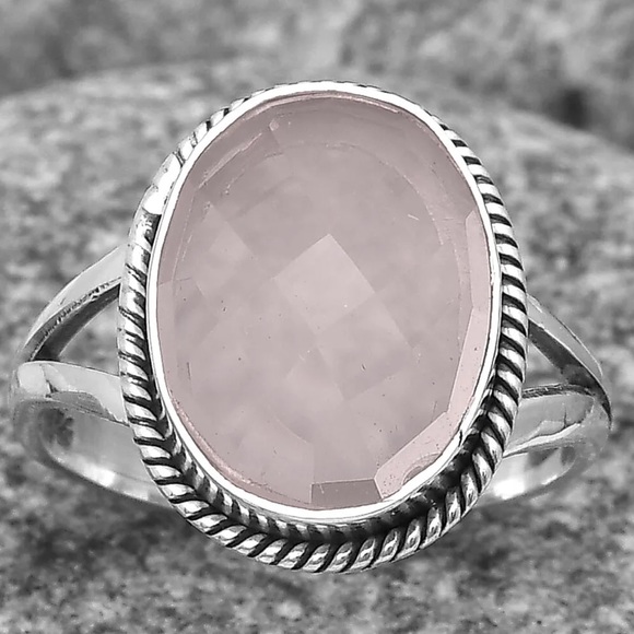 Earth Art hand crafted artisan Jewelry - Rose quartz sterling silver ring 7.5